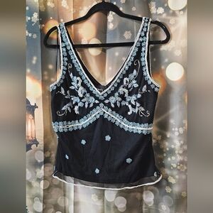 Onyx Nite Black Top with Blue Embroidery